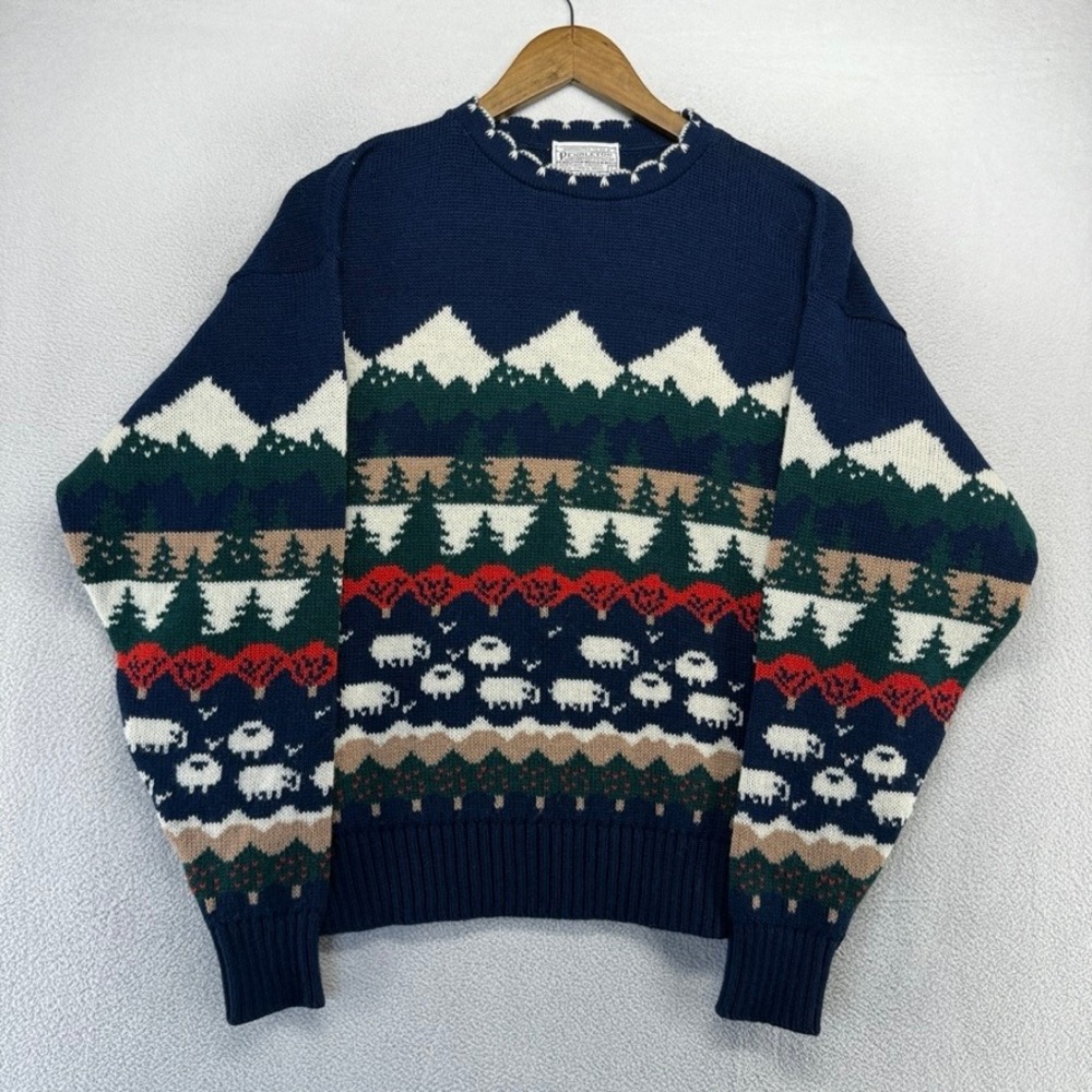 Vintage Pendleton Sweater Mens Large Blue Sheep Mountain Fair Isle Virgin Wool